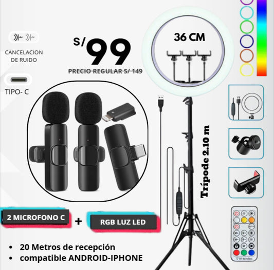 KIT CREADOR CONTENIDO ARO LED + 2 Micros Inalámbricos
